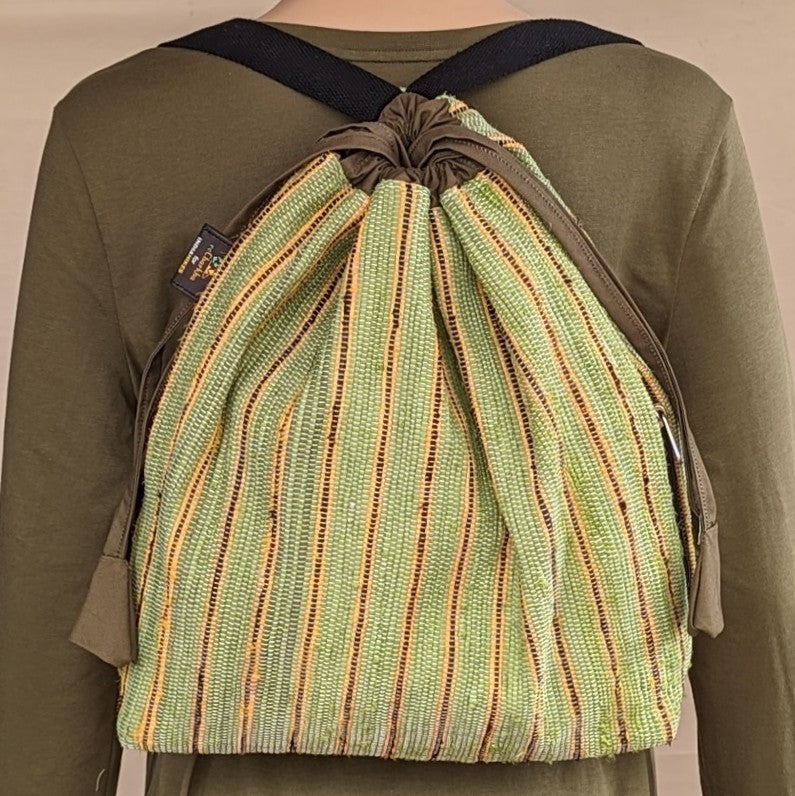 reCharkha X India Hikes - Brown Yellow Thin Striped on Green Upcycled Handwoven Light Backpack (NLBP0724-004) PS_W.jpg