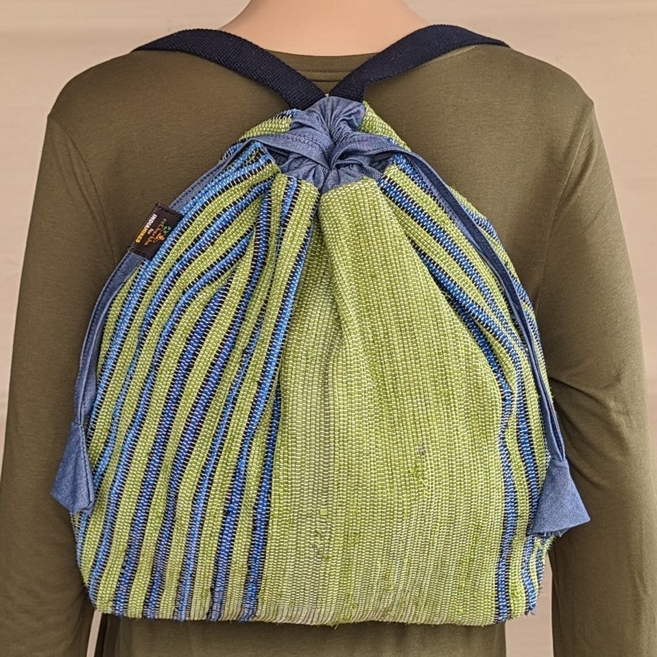 reCharkha X India Hikes - Dark Blue Thin striped on parrot green Upcycled Handwoven Light Backpack (NLBP0724-003) PS_W.jpg
