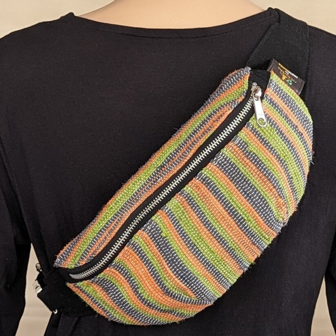 reCharkha X India Hikes - Grey Peach Green Mix Striped Upcycled Handwoven Fanny Pack (FP0724-002) PS_W