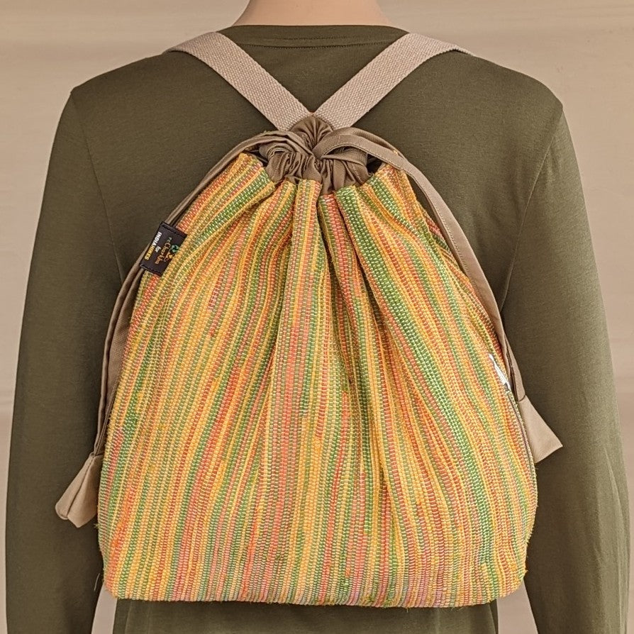 reCharkha X India Hikes - Yellow Peach Green Thin Stripes Upcycled Handwoven Light Backpack (NLBP0724-005) PS_W.jpg