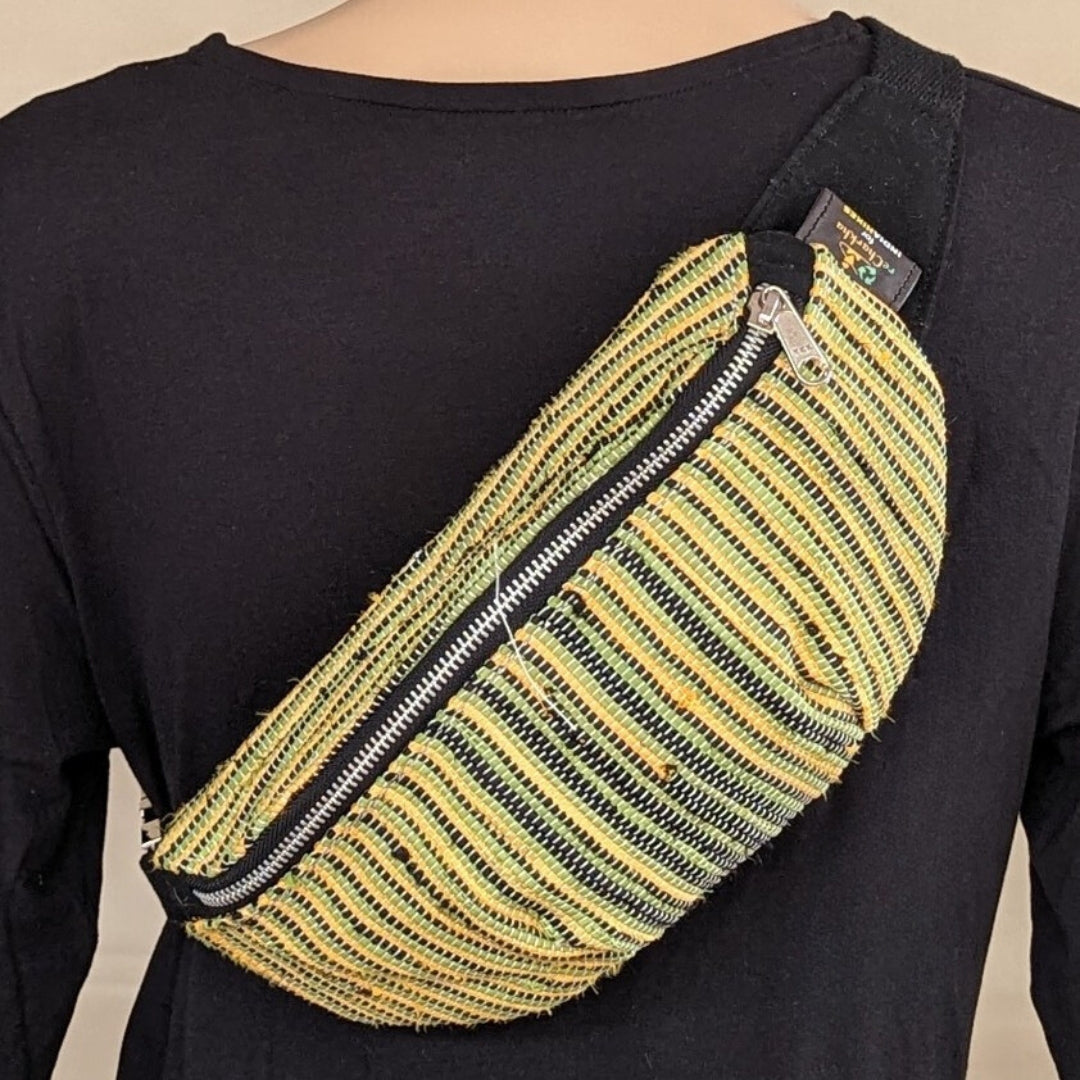 reCharkha X India Hikes Black Yellow Green Striped Upcycled Handwoven Fanny Pack (FP0724-005) PS_W