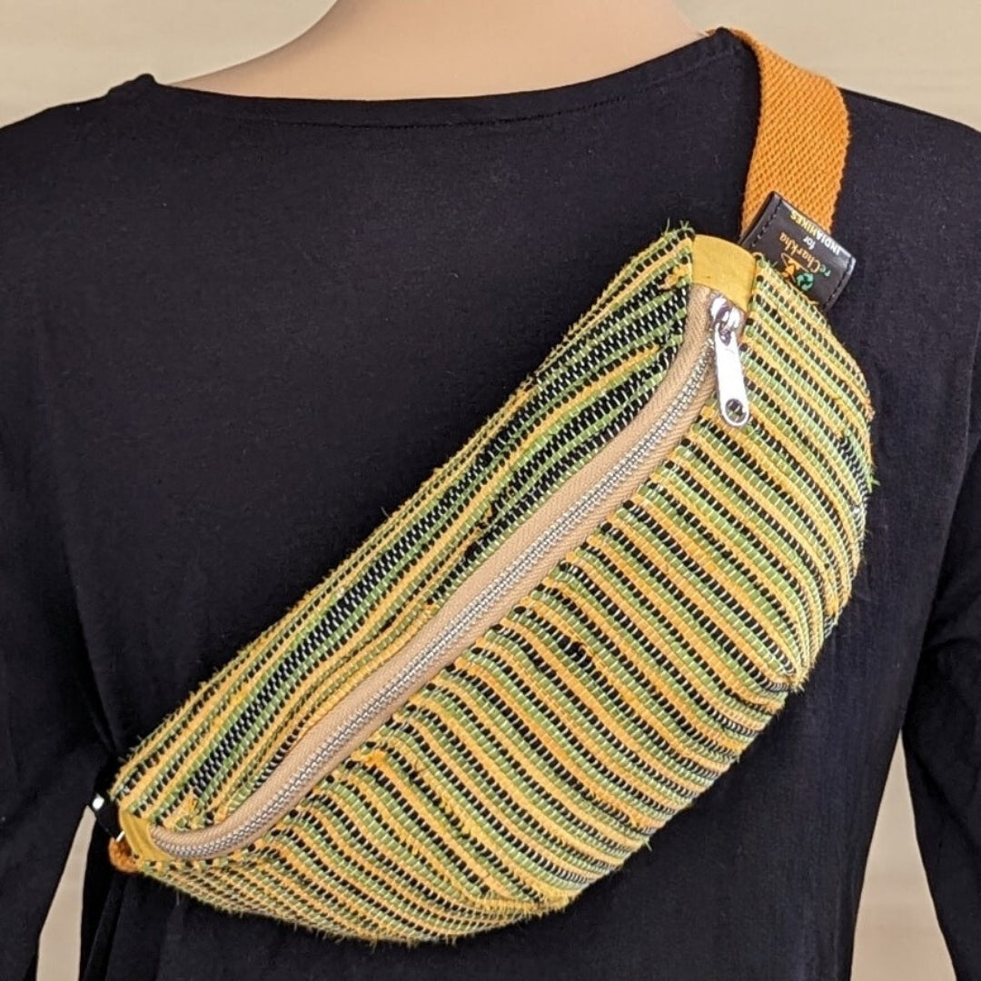reCharkha X India Hikes Black Yellow Green Striped Upcycled Handwoven Fanny Pack (FP0724-009) PS_W