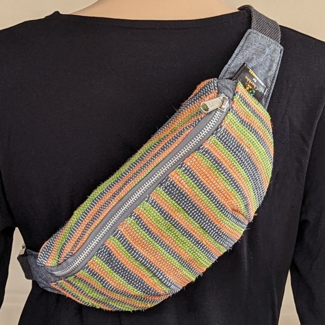 reCharkha X India Hikes Orange Blue Green Striped Upcycled Handwoven Fanny Pack (FP0724-007) PS_W