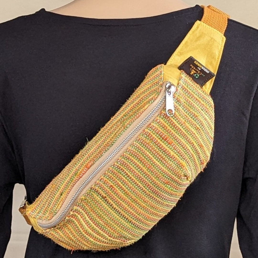 reCharkha X India Hikes Orange Green thin Striped Upcycled Handwoven Fanny Pack (FP0724-004) PS_W