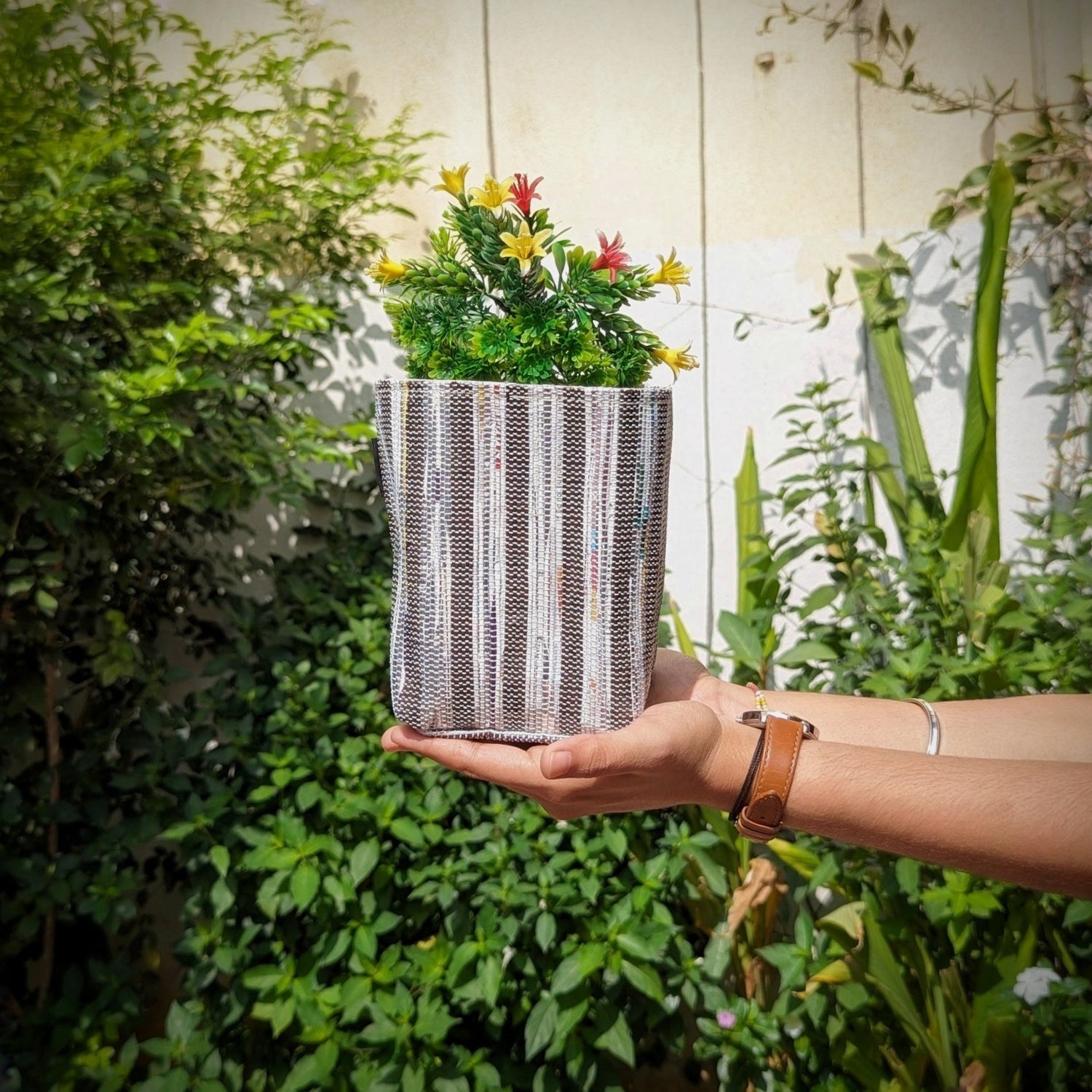 recharkha upcycled handwoven Grow Pot Small Planter made from waste plastic bags and wrappers 