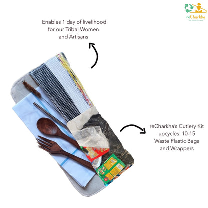 reCharkha Upcycled Handwoven Recycle Livelihoods Handcraft Cutlery Kit Culinary Kit Ethically Tribal Made in India Pune Warli Tribe Handloom Refash Trash Fash Waste EcoSocial Upcyclers Conscious Fashion Upcycled slow Trending Swadeshi Weave Textile Multicolored Non Shimmery Cutlery Kit (CK0723-012)